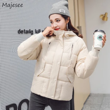 

Parkas Women Hooded Solid Ladies Warm Thicker Zipper Womens Winter Coat All-match Harajuku Simple Student Korean Style Chic New