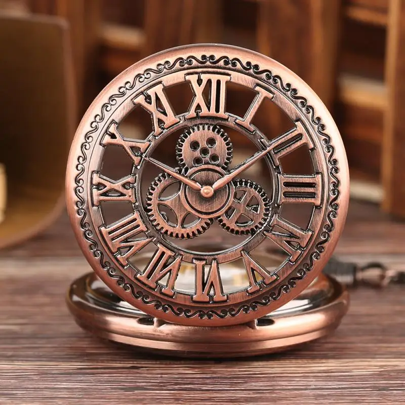 Rose Gold Gear Wheel Design Hand Winding Mechanical Pocket Watch for Unisex Retro Clock Fob Pendant Chain Collectable Timepiece