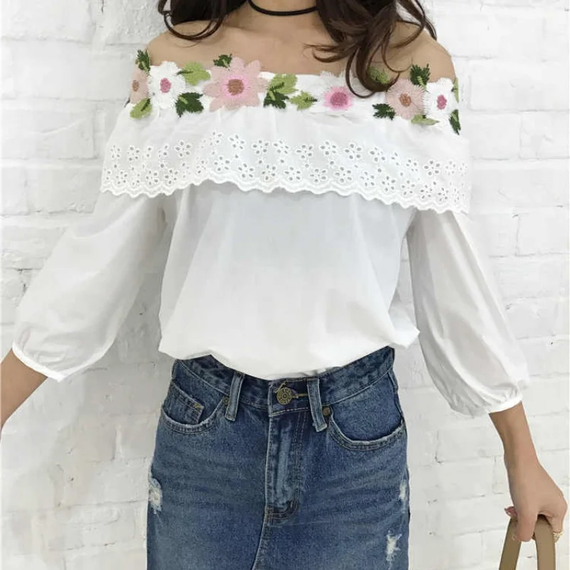 Женская кружевная блузка с открытыми плечами Повседневная из шифона вязаная