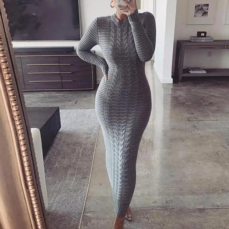 

Women Lace Up Knitted Long Dress Thicken Turtleneck Sweater Female Knitwear Soft Vestidos Winter Maxi Dress High Quality 2021