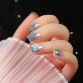 

24pcs/box Pearl Shimmering Powder Dusty Blue Hill Fake Nails press on Patch Summer Fresh Detachable Wearable Finished Nail tips