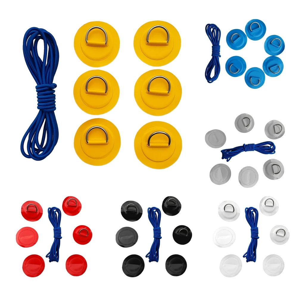 6Pcs Inflatable Boat Kayak SUP D-ring Patch & Elastic Shock Cord Set- 6 Colors Dinghy D Ring Round Patch