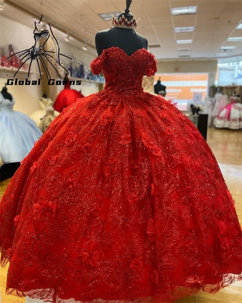 

2023 Red Off The Shoulder Quinceanera Dresses Beaded 3D Flowers Ball Gown Princess Pageant Graduation Birthday Party Sweet 16 15