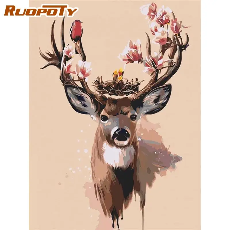 

RUOPOTY Painting By Numbers Deer Picture Coloring By Numbers Acrylic Paints Animal Drawing On Canvas Home Decor