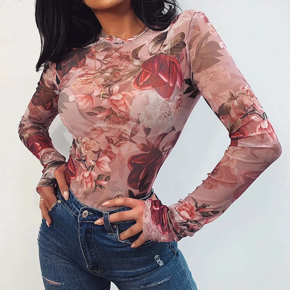 2020 Summer Ladies Slim Fit Leotard Jumpsuit Body T shirts Bodysuit Women Mesh Sheer Long Sleeve Floral Print Romper Skinny Tops