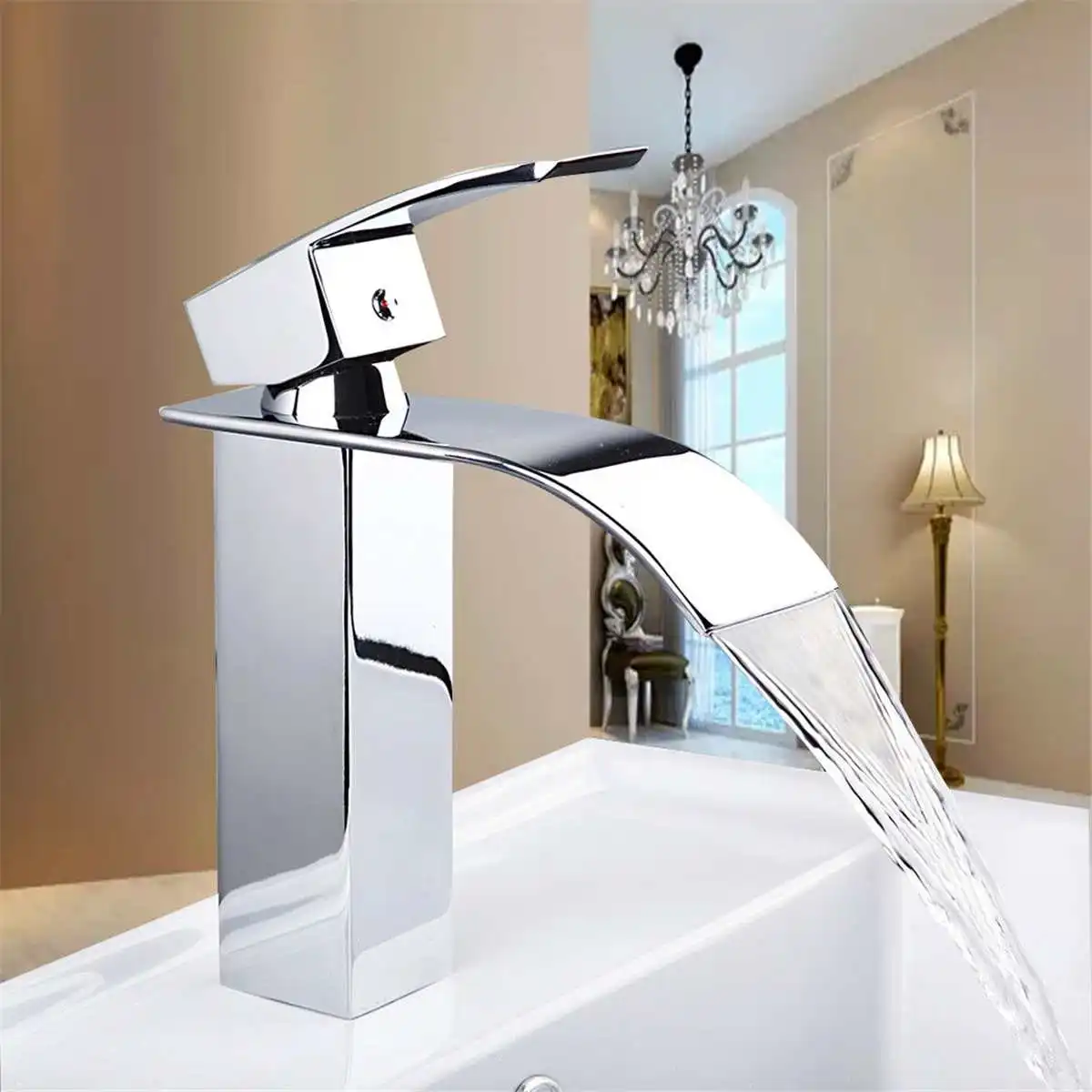 

Bathroom Basin Faucet Waterfall Spout Sink Single Handle Water Taps Hot Cold Water Mix Faucets Chrome Washbasin Tap Fixture