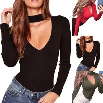 

Hot Women Sexy Solid Color One-piece Long Sleeve Deep V Neck Choker Bodysuit Rompers