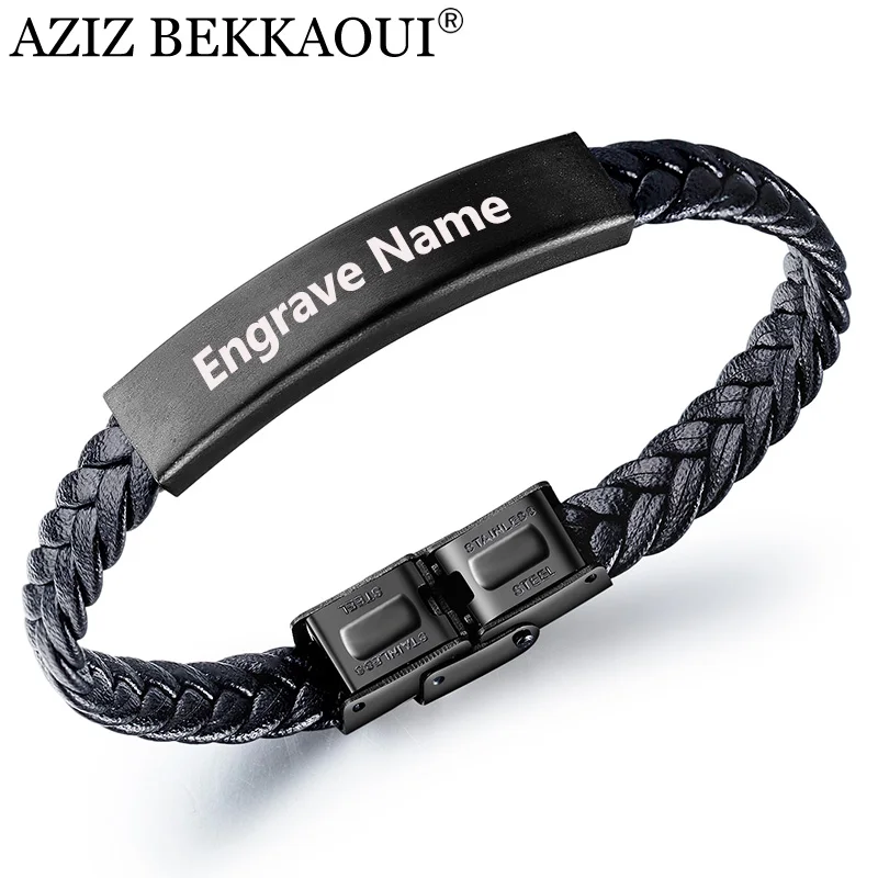 

AZIZ BEKKAOUI Vintage Engrave Name Black Braid Woven Leather Bracelet Personalized Stainless Steel Bracelet Men Bangle Jewelry