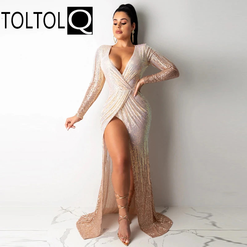 2019 Sequin Autumn Dress Sexy Paillette Vent V Neck Dress Full Dress Dresses Woman Party Night High Split Sexy Maxi Dress