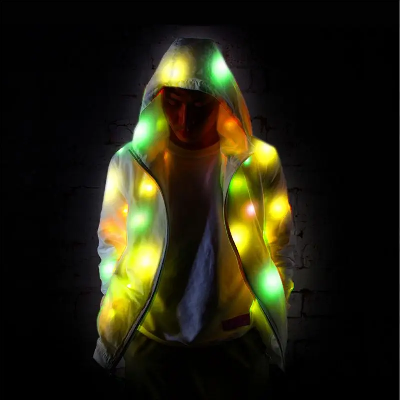 LED Party Clothes Colorful Cool Glowing Flashing Lights Casual Hooded Pockets Jacket Coat