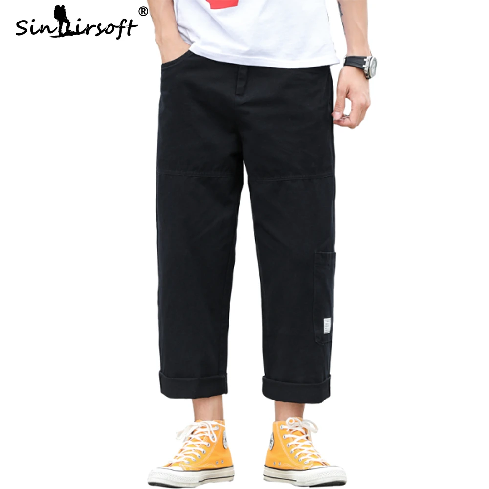 Wide Leg Pants Men's Button Waist Streetwear Ankle-length Cargo Male Loose Side Big Pocket Patchwork Autumn New Trousers | Мужская