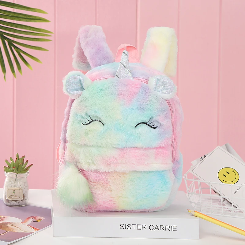 Bonita mochila de dibujos animados para niña, mochilas con unicornio de felpa, de piel, escolar, regalo para niños, bolsa de libro