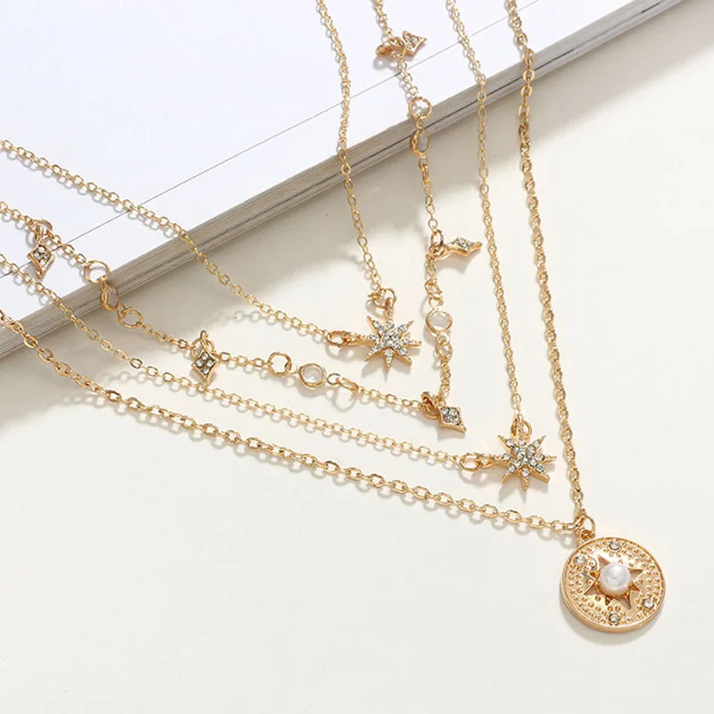 Модное винтажное многослойное золотое ожерелье для женщин, ожерелье на цепочке со звездами и кристаллами, кулоны, бохо колье, ювелирные изделия, аксессуар, подарок