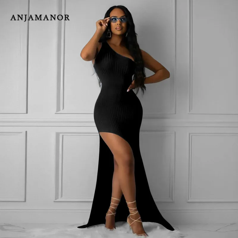 ANJAMANOR One Shoulder Backless High Slit Maxi Dresses Woman Party Night Club Outfits Summer 2020 Sexy Bodycon Dress D39-AH01 | Женская