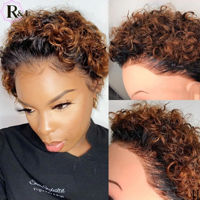 RULINDA Ombre Colored Lace Front Human Hair Wigs Pixie Cut 180% Density Short Curly Brazilian Remy Hair Lace Wigs 13X4 1