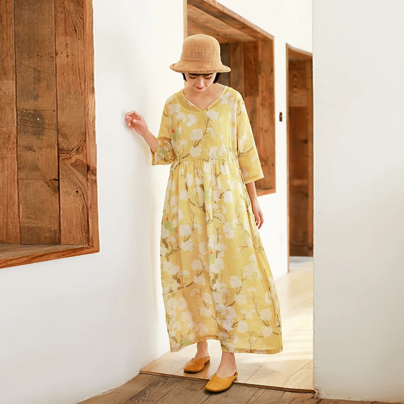 

Print Women Dress 2020 New Spring Summer Vintage Women Clothes V-neck Loose Leisure Concise Linen Ladies Dresses