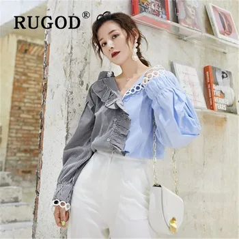 

RUGOD Autumn Winter New Style Chic Vintage Waveselvedge Stripe Stitching Blouse V-neck Loose Winter Tops For Women Fashion 2019