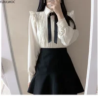 Ruffled Autumn Spring Basic Office Lady Work Wear Women Single Breasted Button Solid Peter Pan Collar Top White Shirts Blouses 1