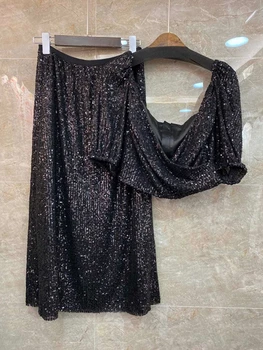 

2020 Early Spring New Women's Irregular ling liang Sheet Short-Sleeved Tops Skirts Sequins Set 409