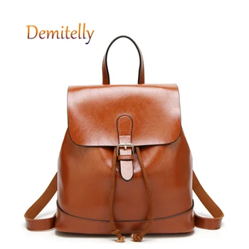 

Fashion Ladies Oil Wax Leather Backpack Brand Leather Drawstring Design Backpack Double Zipper Leisure Backpack Travel Bag