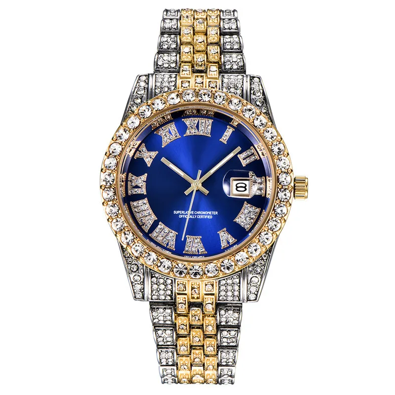 Full Diamond Men Watches Stainless Steel Calendar Watch Luxury Quartz Wristwatch For Man Fashion Male Clock relogio masculino