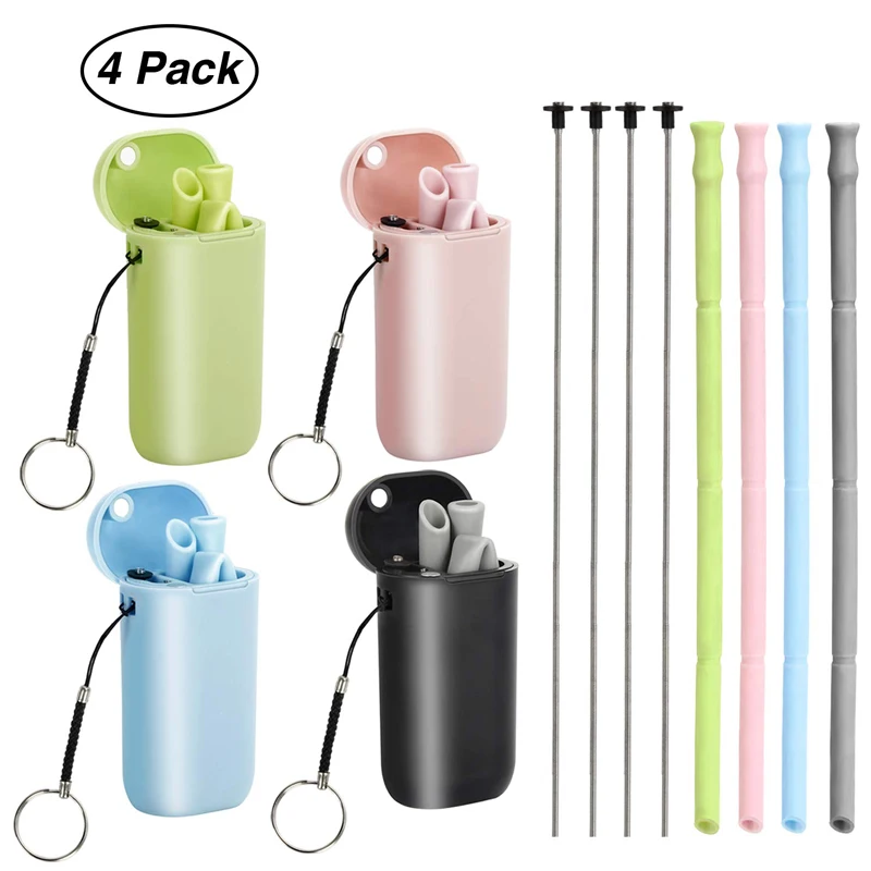 

Collapsible Silicone Straw Reusable Foldable Drinking Straw with Carrying Case and Cleaning Brush for Travel, Home, Office