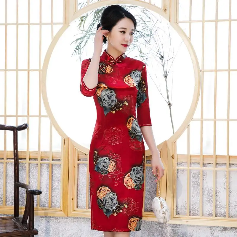 Велюровые негабаритные Мини женские Qipao с черным цветком Cheongsam Формальные Вечерние платья винтажные кнопки сексуальные женские китайские трагитальные платья - Цвет: Red B