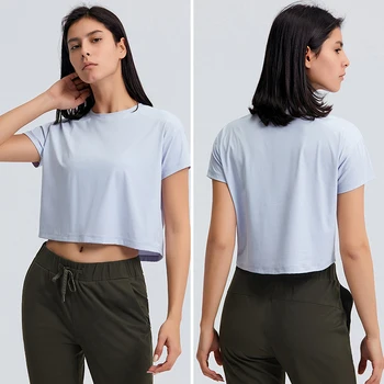 Loose Blouses Women Seamless Sport t-Shirts Sexy Yoga Crop Top Short Sleeve Running Shirts Solid Quick Dry Fitness Gym Crop Tops 4
