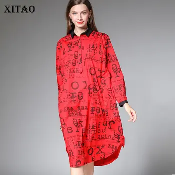 

XITAO Thin Print Pattern Midi Dress Women Clothes 2019 Split Turn Down Collar Elegant Autumn Casual Style Dress New WQR1460