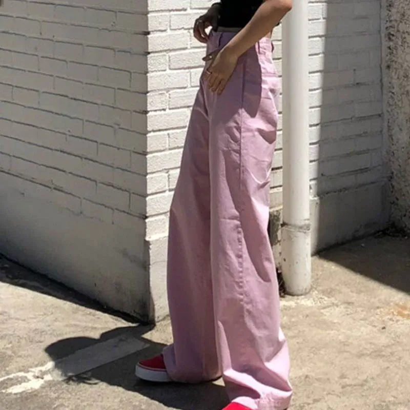 Autumn Spring Wide Leg Pants Women Vintage High Waist Cotton Loose Pink Pants Trousers Korean Grunge Long Pants Female Trousers Autumn Spring Wide Leg Pants Women Vintage High Waist Cotton Loose Pink Pants Trousers Korean Grunge Long Pants Female Trousers