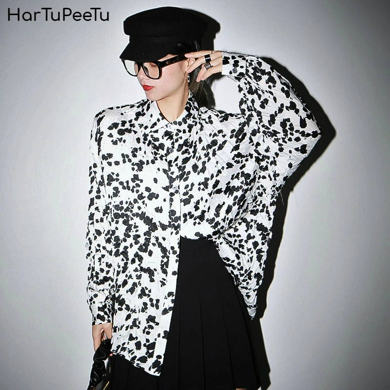 

Leopard Print Blouse Women 2020 Summer Plus Size Long Sleeve Shirt Korean Pleated Loose Fit Vintage for Office Lady