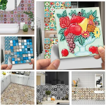 

10pcs/set Retro Pattern Crystal Hard Tiles Wall Sticker Kitchen Tables Wardrobe Art Mural Shine Surface Peel & Stick Wall Decals