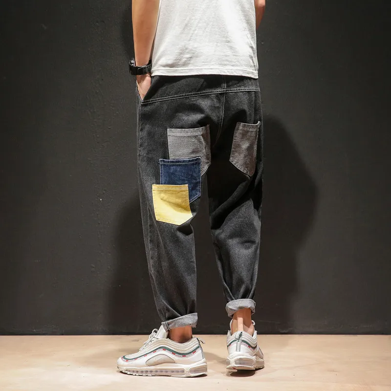 

2019 Fashion Streetwear Black Jeans High Quality Patchwork Harem Pants Harajuku Hip Hop Sweatpants Casual Men Vintage Pants 5XL