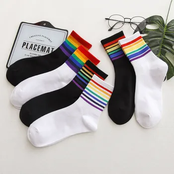 

Rainbow socks men and women sports tide socks street shot in the tube skateboard cotton socks net red stripes casual neutral