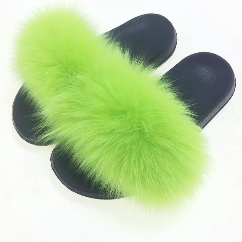 

Women Summer outdoor Slippers real fur Slippers Rainbow colors Women Slippers beach Fox fur slides Ladies Furry Flats Big Size