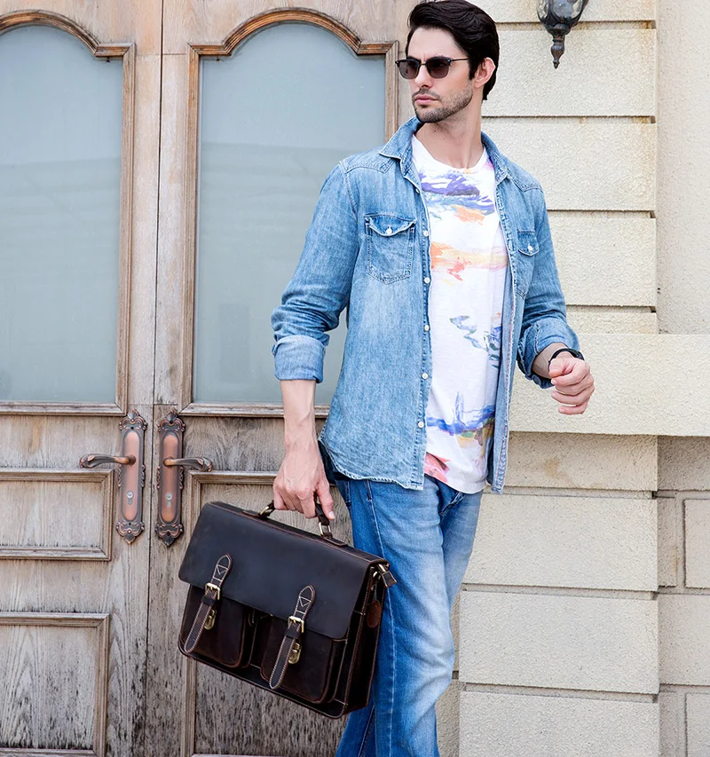 Dark Brown Unisex Large Leather Travel Laptop Bags Briefcase