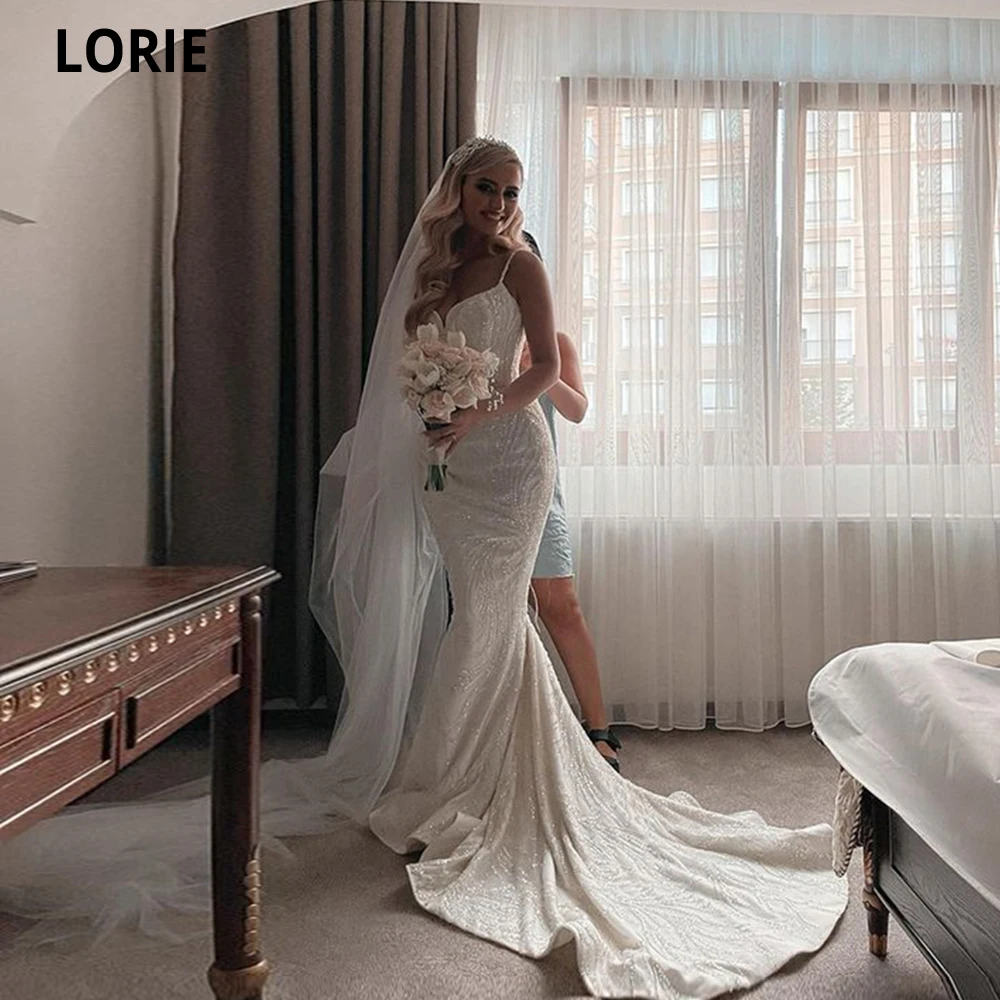 

Блестящее современное свадебное платье Lorie с юбкой-годе 2021 пикантное длинное свадебное платье на бретелях-спагетти с пуговицами сзади со шлейфом Vestido De Noiva