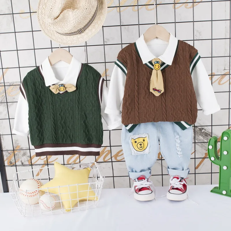 

2020 New Style Spring Clothing BOY'S Korean-style Sweater Waistcoat Three-piece Set-Style Small CHILDREN'S Long-sleeve Suit Fash