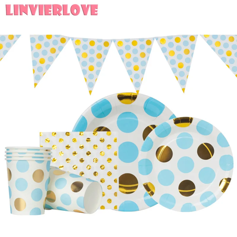

1Pack Blue Gold Foil Dot Disposable Paper Plate Cup Napkins Banner Baby Shower Tableware Decoration Birthday Party Supplies