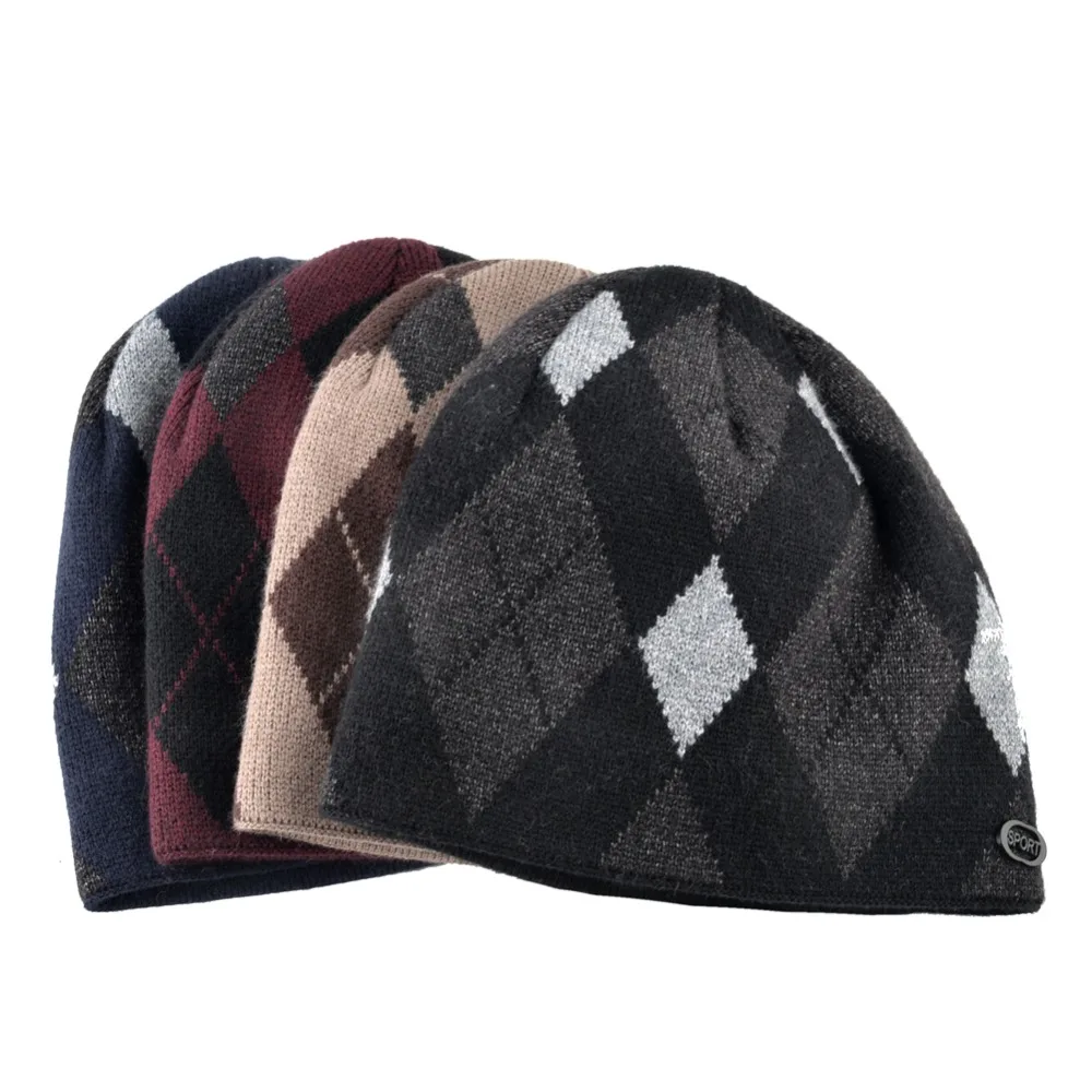 Алмазные шапочки с узором для мужчин зимние; вязанные; шерстяные шапочки в стиле хип-хоп чепчик унисекс двухслойная теплая шапка женская Лыжная шапка