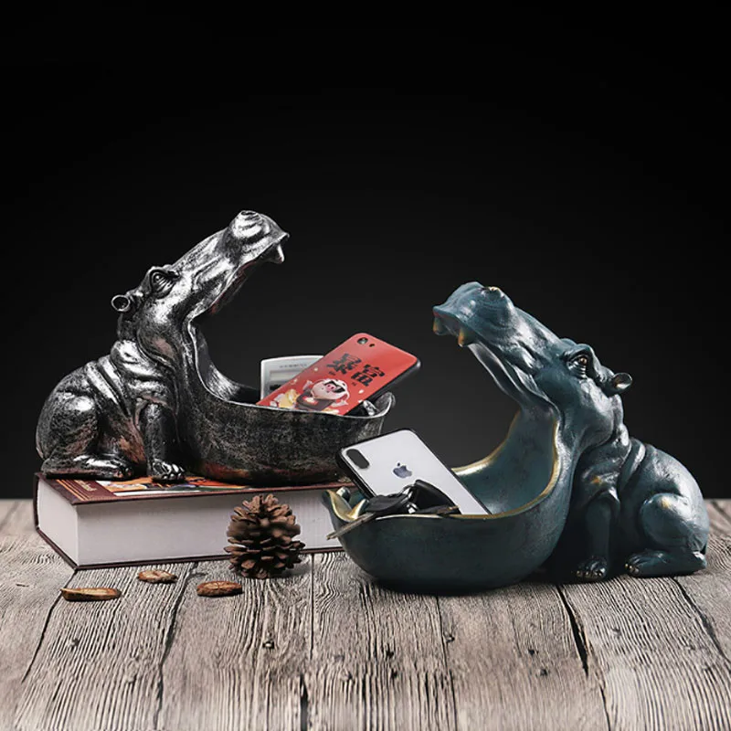 Key storage Resin Hippo Statue Hippopotamus Sculpture Figurine Key Candy Container Decoration Home Table Decoration Accessories