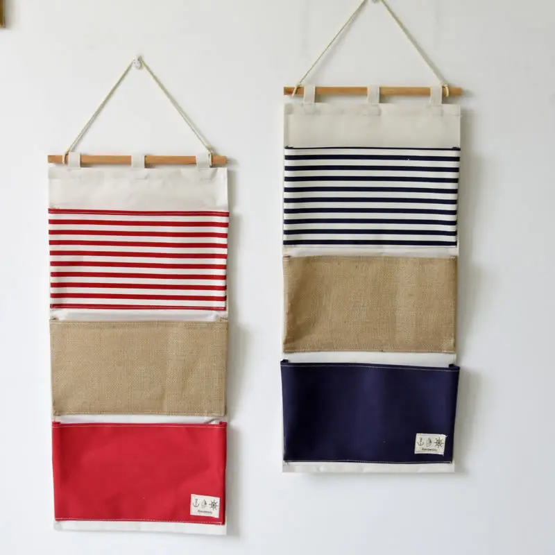 Multi-Function Striped Splicing Wall Hanging Bag 3 Pockets Sundry Storage Hanging Storage Bag/Wall Bag 3