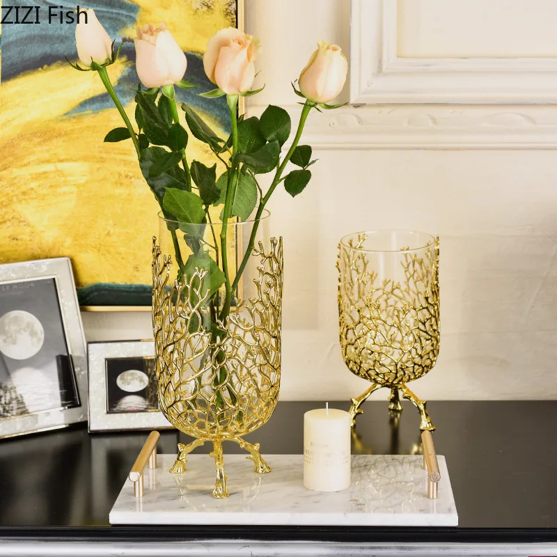 Creative glass vase Golden bracket Branches Hollow high feet Transparent hydroponic flower arrangement Metal crafts Flower vase 2