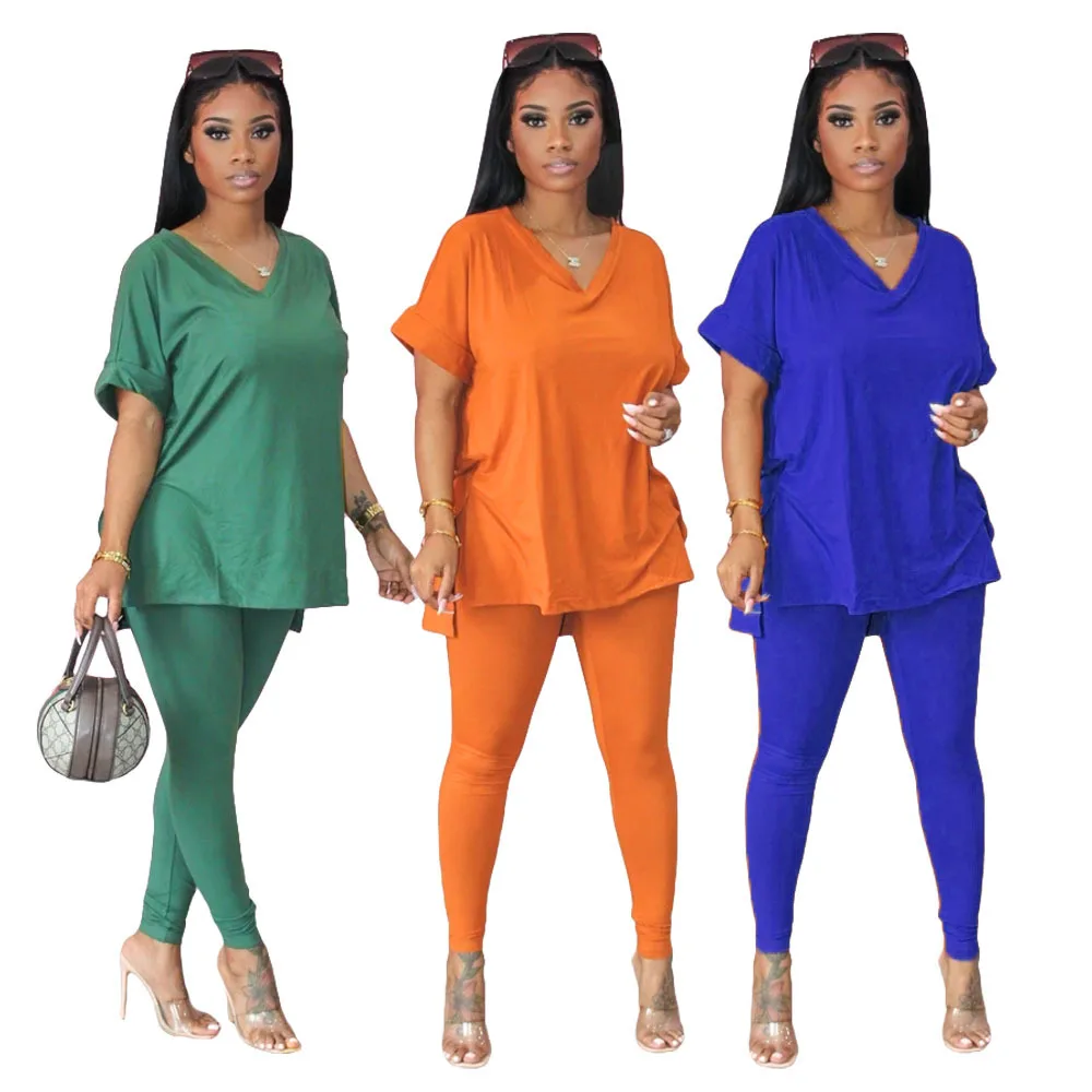 2023 Women's Summer New Two Piece Set V neck Solid Color Loose Casual
