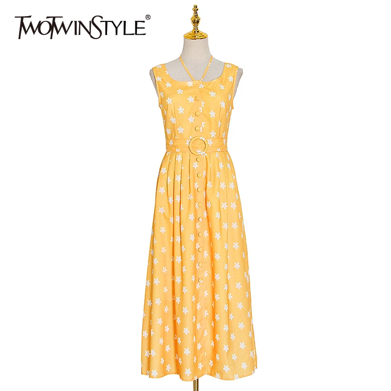 TWOTWINSTYLE Casual Print Summer Dress Women O Neck Sleeveless High Waist With Sashes Hit Color Dresses For Female Clothes Tide TWOTWINSTYLE Casual Print Summer Dress Women O Neck Sleeveless High Waist With Sashes Hit Color Dresses For Female Clothes Tide