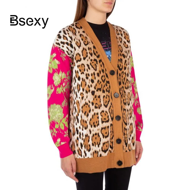 

Fall 2019 streetwear brand new leopard pattern sweater coat knitting V-neck long cardigans coat Wool Blend Women Cardigan