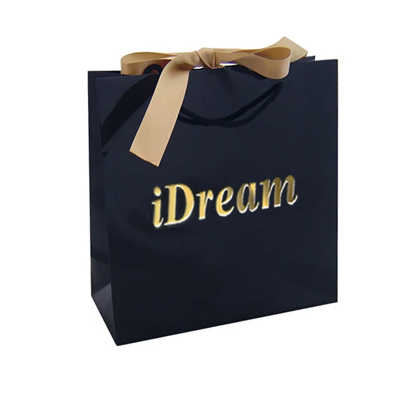 

Embossing and logo gold foil custom printed black high quality paper gift bag