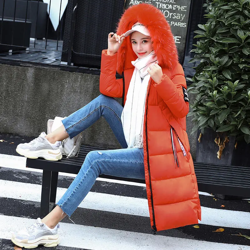 Orange2 Зимняя женская куртка, новинка, Женская парка, пальто feminina, длинный пуховик размера плюс, длинный пуховик с капюшоном, Женская куртка - Цвет: Orange2
