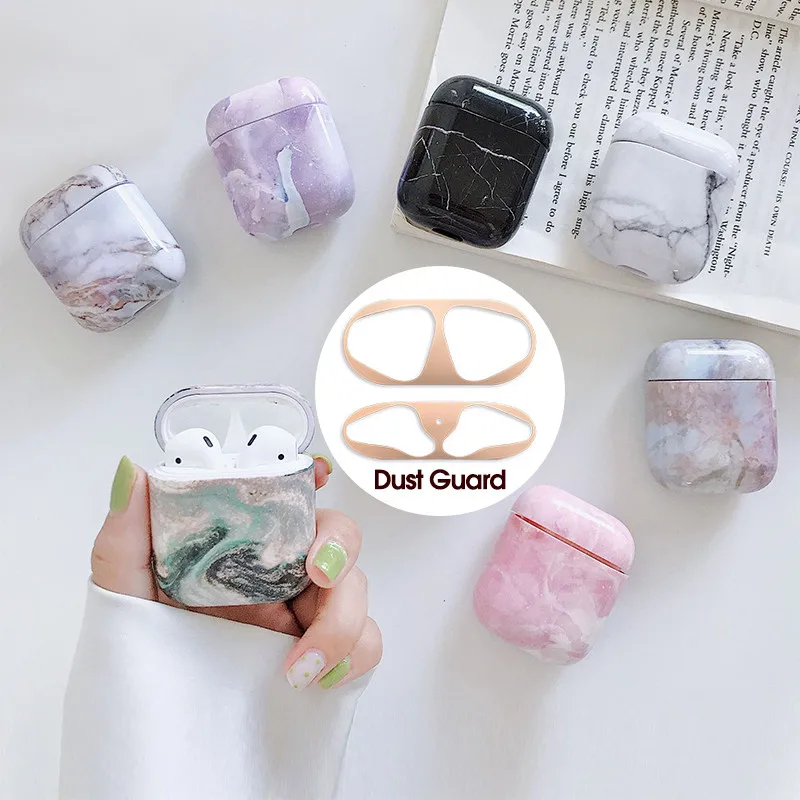 Marble Case+Dust Guard Skin For Airpods 1 2 Hard Protective Wireless Earphone Charging Case Bag Accessories For Apple Air Pods