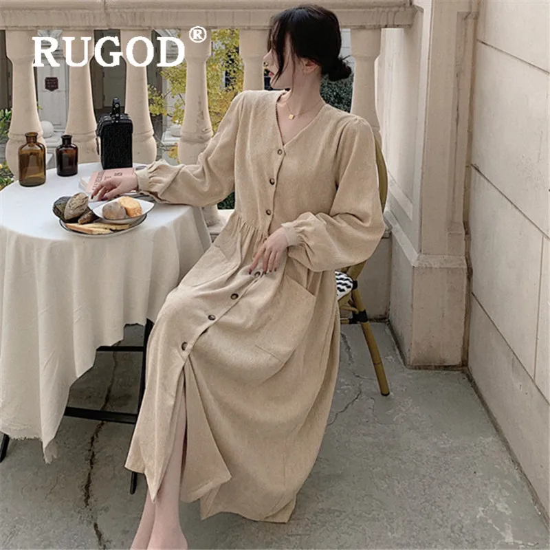Женское вельветовое платье RUGOD Повседневное макси с длинными рукавами в